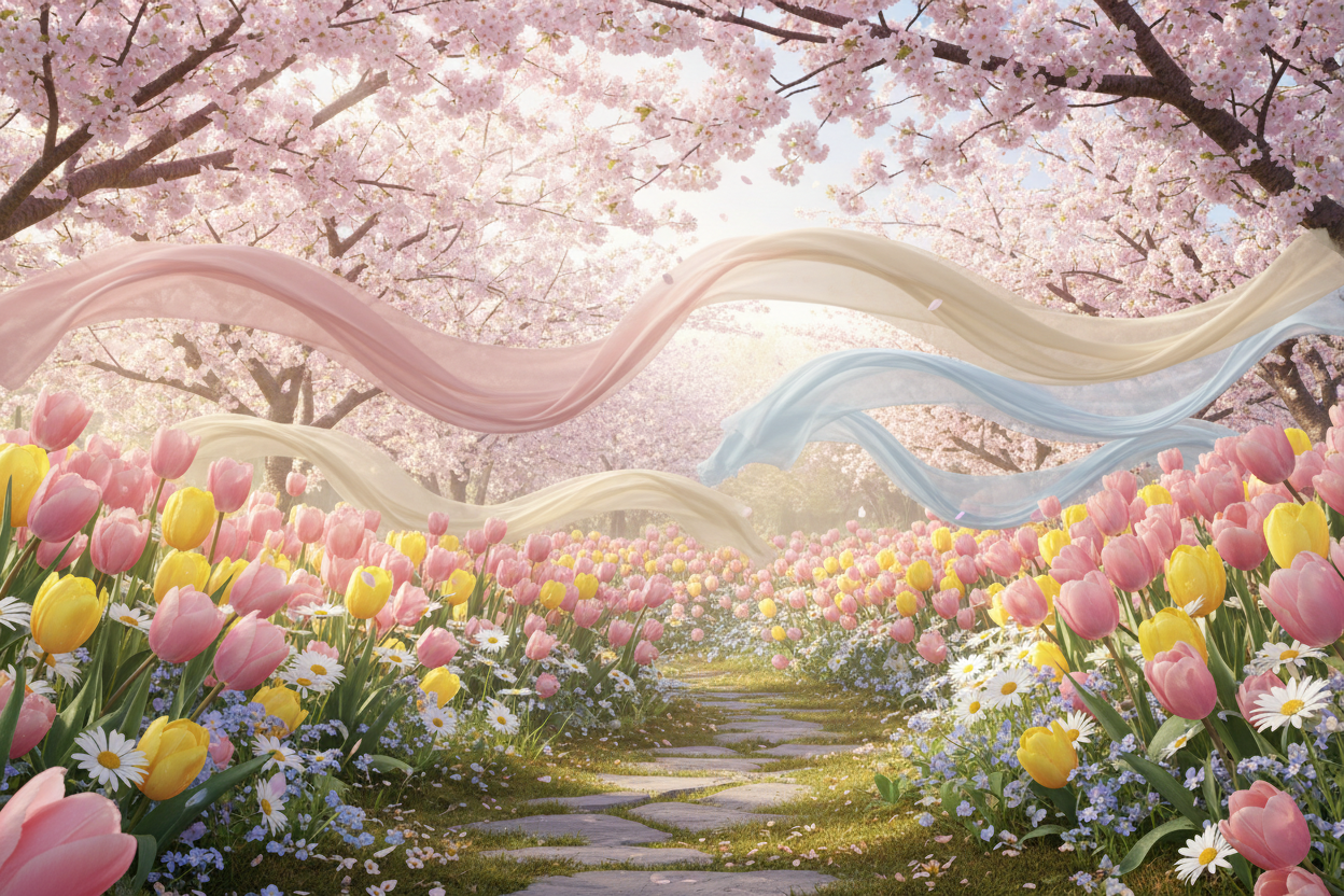 Immagine primaverile, con bei colori, fiori, magari qualche sciarpa leggera che svolazza nell'area